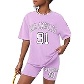 CRISONE Girls Clothes Summer Outfits Graphic Letter Print Tee Shirt + Biker Shorts 2Pcs Clothing Set 7-16T