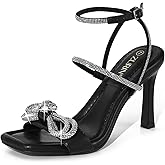 ZURIN Women's Rhinestone Bow Heels Square Toe Strappy Heeled Sandals Sparkle Stiletto High Heels Dress Party Evening Prom Crystal Shoes