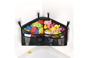 Goowin Bath Toy Organizer, Triangle Corner Bath Toy Storage, Quick Access Bath Toy Holder for Bathtub, Large Capacity Bath Storage for Toys, Quick Dry Mesh Toy Holder For Bath Hanging (Black)