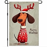 BlissYard Christmas Garden Flag 12x18 Inch Welcome Dachshund Dog Outdoor Flag Double Sided Holiday Yard Banner with Red Sweater Reindeer Antlers and Santa Hat for Porch Lawn Patio