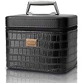 Sluxa Fashion makeup box, Portable leather hard cosmetic case with mirror, Professional train case make up box for women adults. (Black)