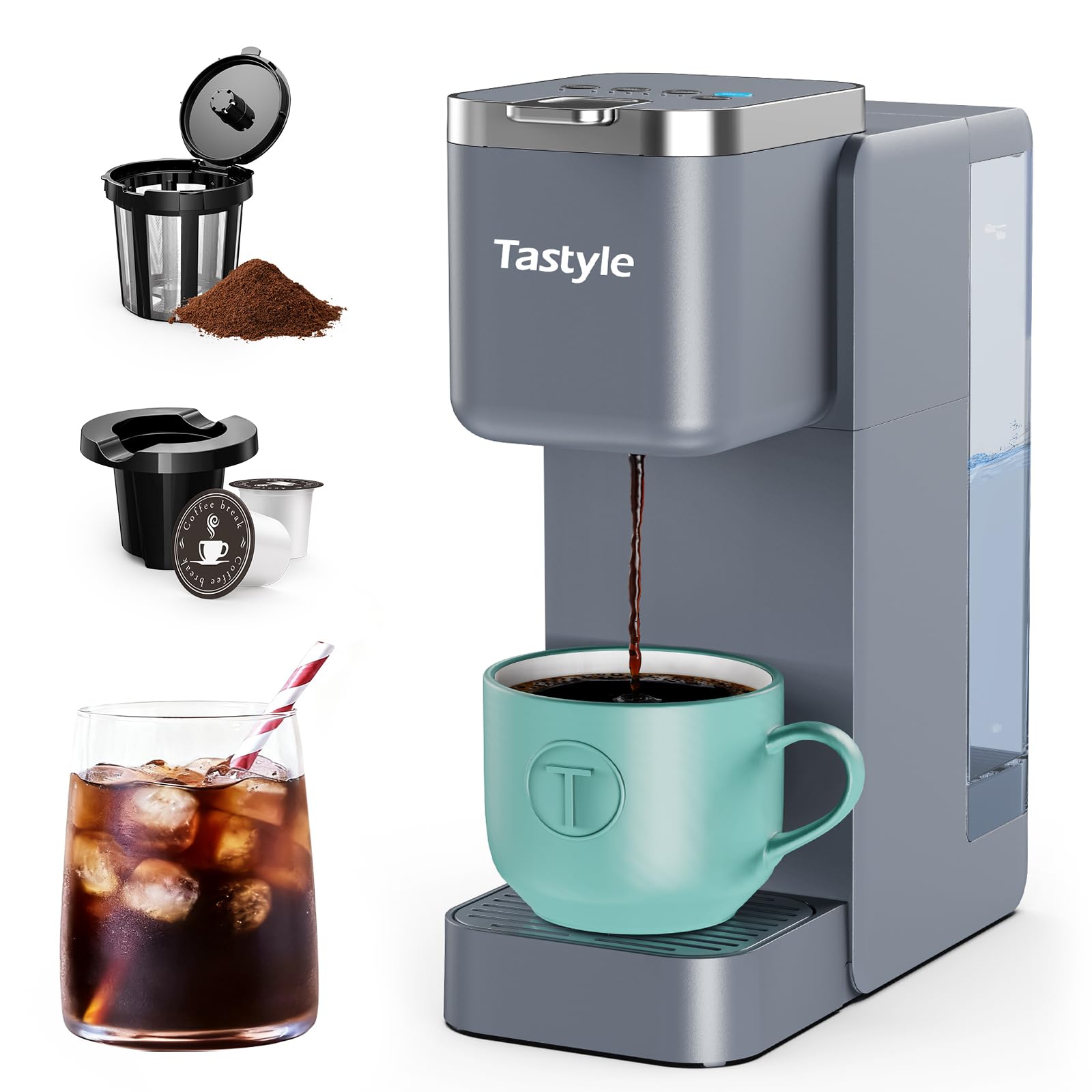 Photo 1 of Tastyle Single Serve Coffee Maker, Iced and Hot Coffee Machine for K Cup & Grounds, Compact Design, 40oz Removable Water Reservoir, 6 to 24 Oz Brew Sizes, Fits 7.3" Travel Mug, Gray