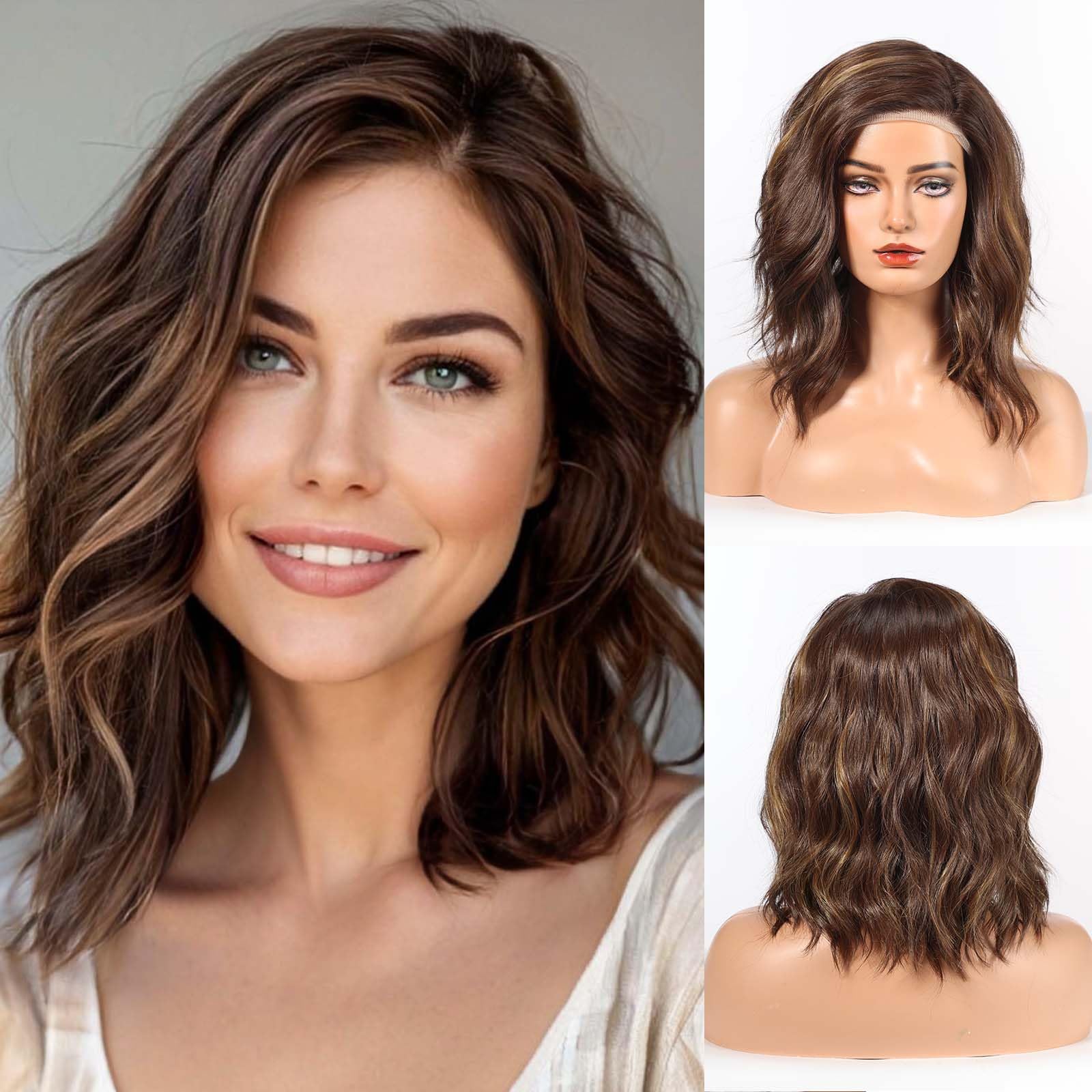Photo 1 of Starluck Wig Lace Front Wigs for Women, Partial Auburn Brown with Highlight Curly Wig, Shoulder Length, Synthetic Lace Front Hair