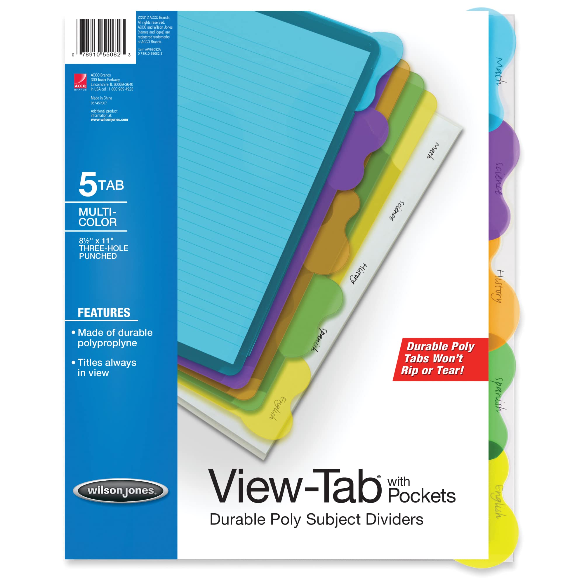 Wilson Jones View-Tab Transparent Dividers, Student Index with Pockets, 5-Tab Set, Multicolor Tabs (W55082)