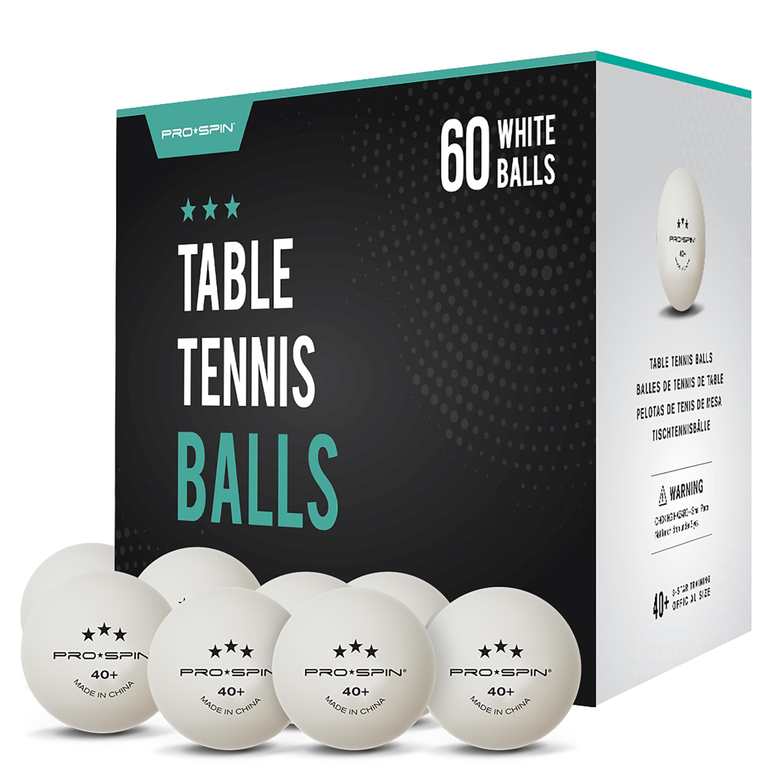 PRO-SPIN Ping Pong Balls - White 3-Star 40+ Table Tennis Balls | High-Performance ABS Training Balls | Ultimate Durability for Indoor & Outdoor Table Tennis (Pack of 60)