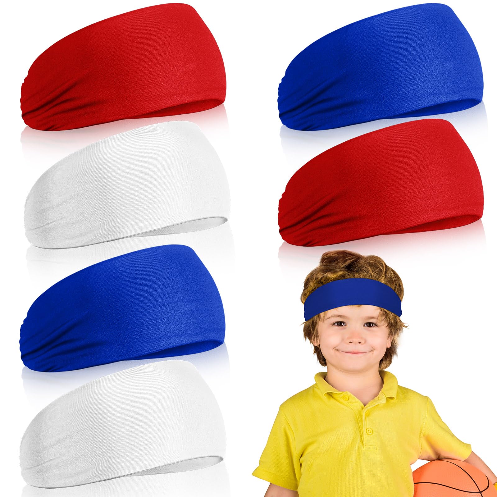 Photo 1 of Deekin Boys Headbands - 6 Pcs Athletic Sweatbands, Football Headbands for Youth, Sweat-Absorbing Elastic Hairbands (Red, White, Blue)