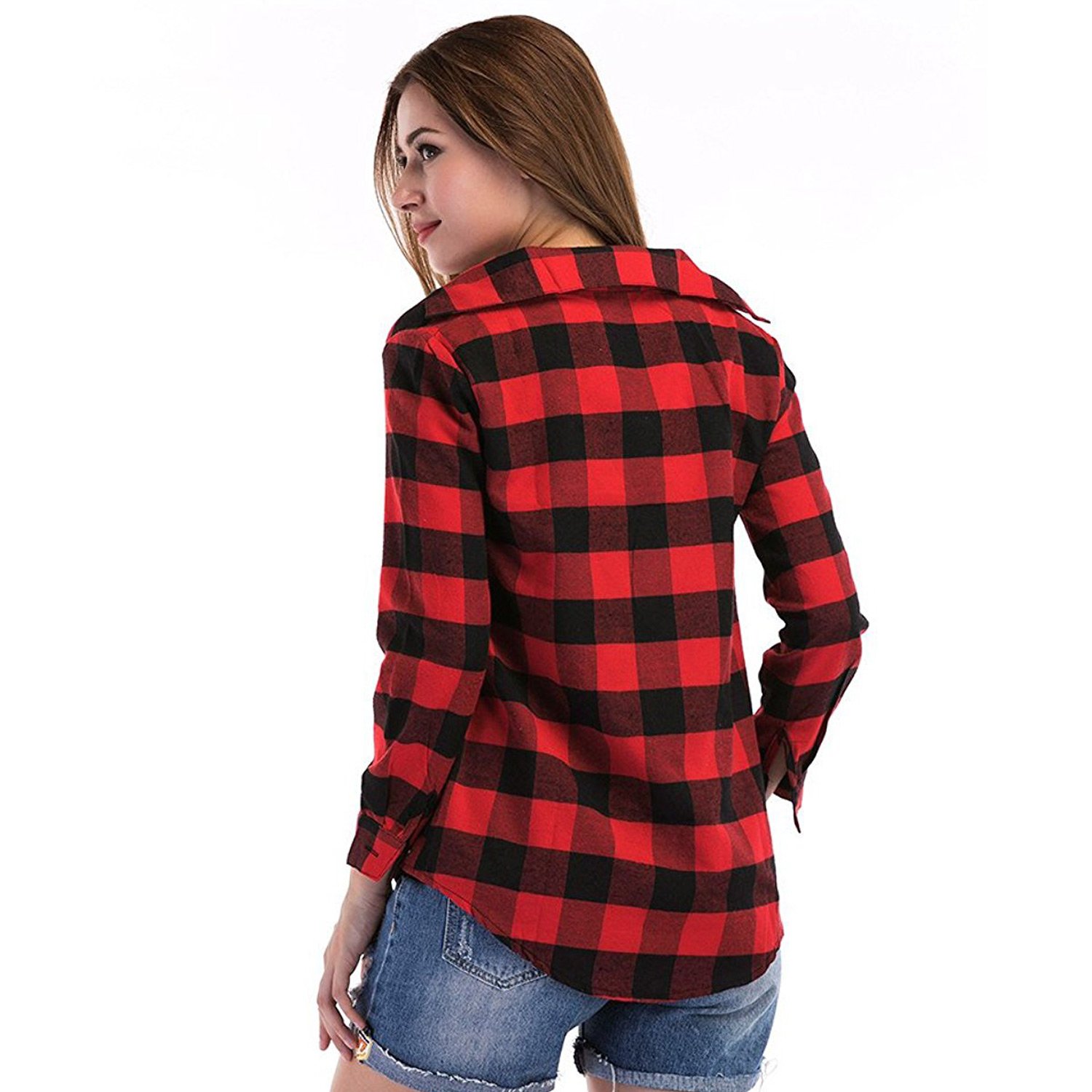 c.cozami women's long sleeves casual white/black/red checkered shirt