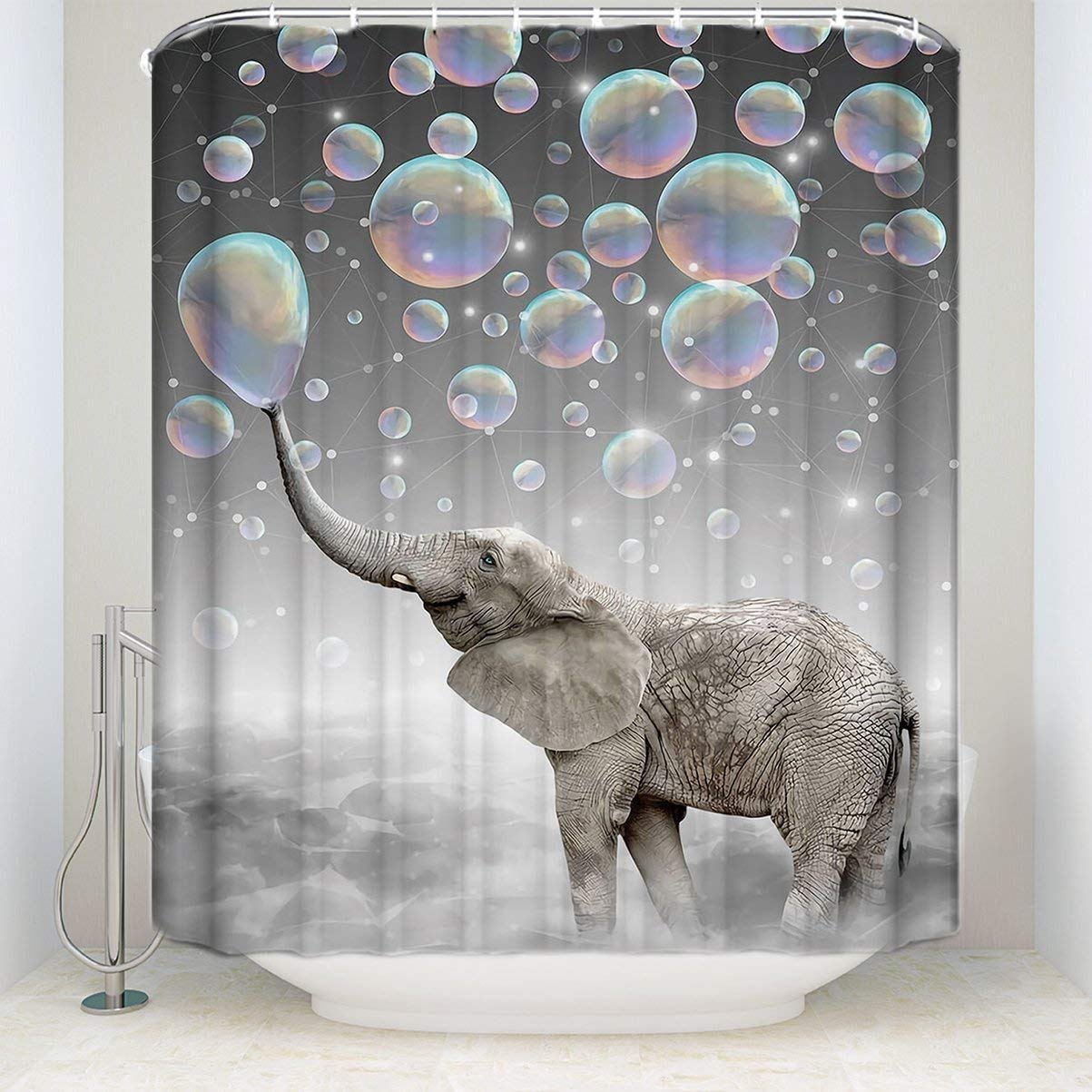 JOOCAR Design Shower Curtain, Animal Elephant Blow Bubbles Dream Colorful Print, Waterproof Cloth Fabric Bathroom Decor Set with Hooks