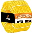 Xpose Safety Yellow Twisted Polypropylene Rope - Floating Poly Pro Cord - Oil Resistant, Moisture, Marine Growth & Chemicals - Reduced Slip, Easy Knot, Flexible (Yellow - Pack of 1, 1/4" x 50')