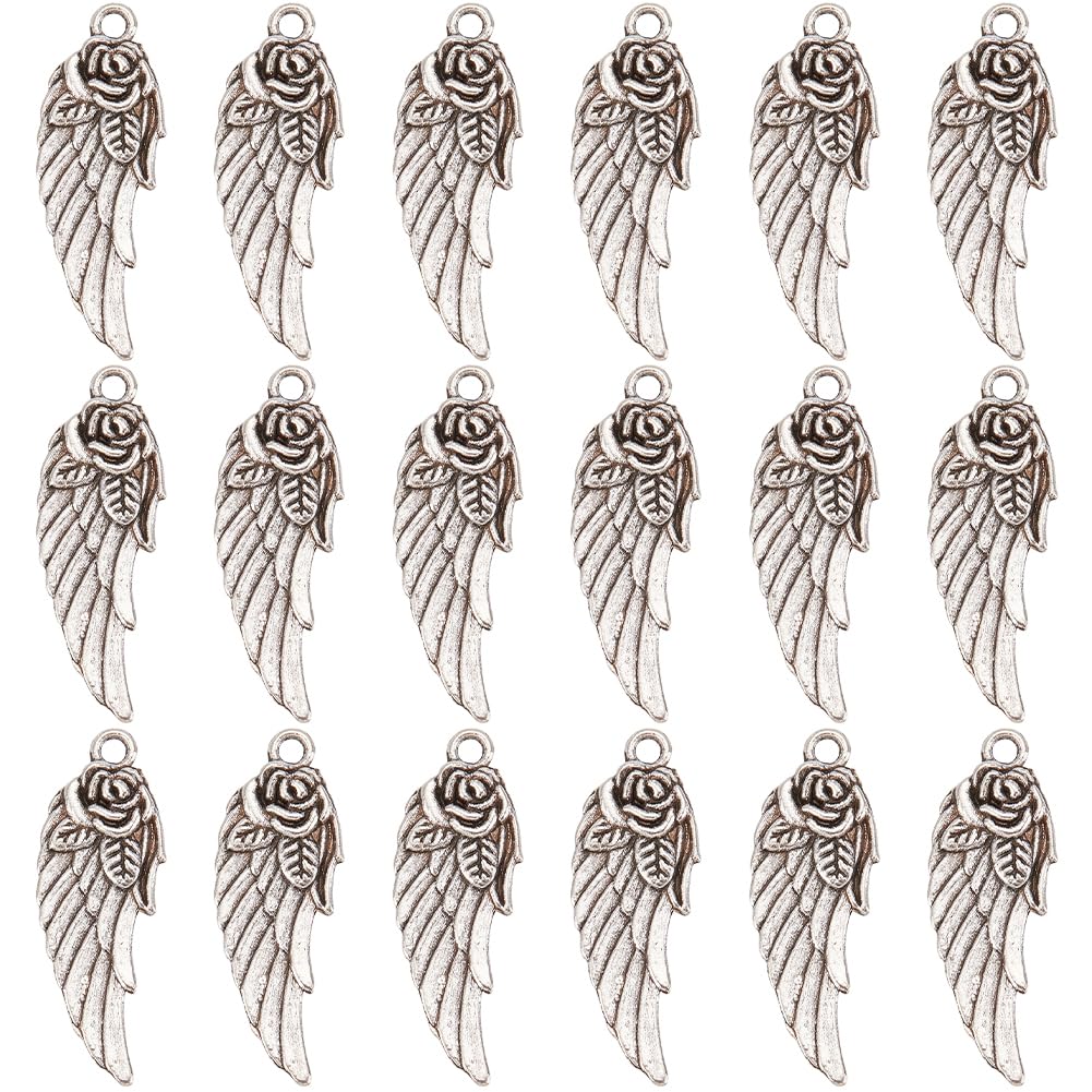 SUNNYCLUE 1 Box 100Pcs Angel Wings Charm Silver Love Charms Alloy Tibetan Rose Feather Flower Angle Wing Valentine Bulk for jewellery Making Women Diy Bracelets Earrings Necklaces Crafts