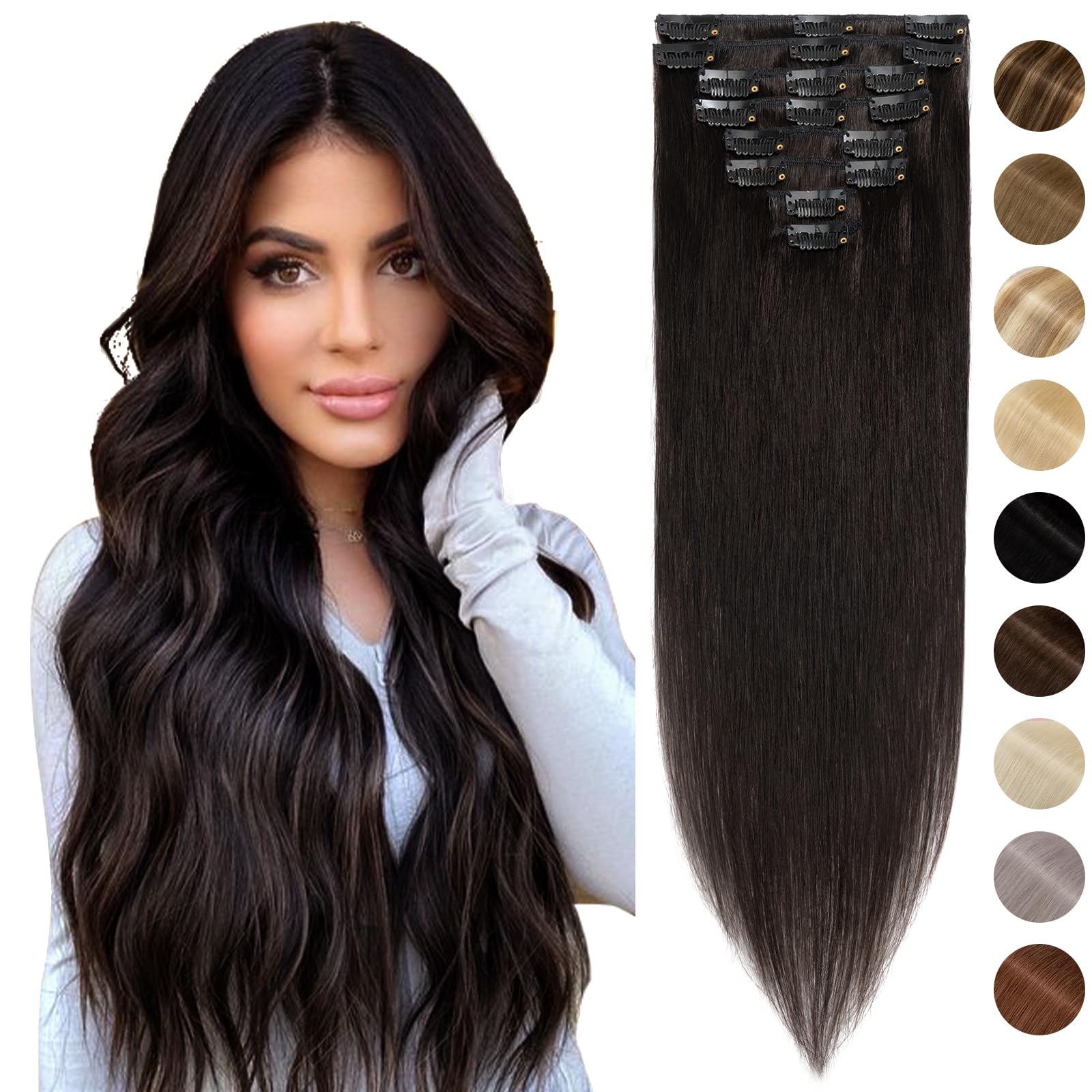 Silk-co Hair Extensions Clip in Hair Extensions Real Human Hair 16 inch 8PCS Hair Pieces 100% Real Remy Straight Hair Extension 65g -Basic Thickness-Thin Weft #1B Natural Black