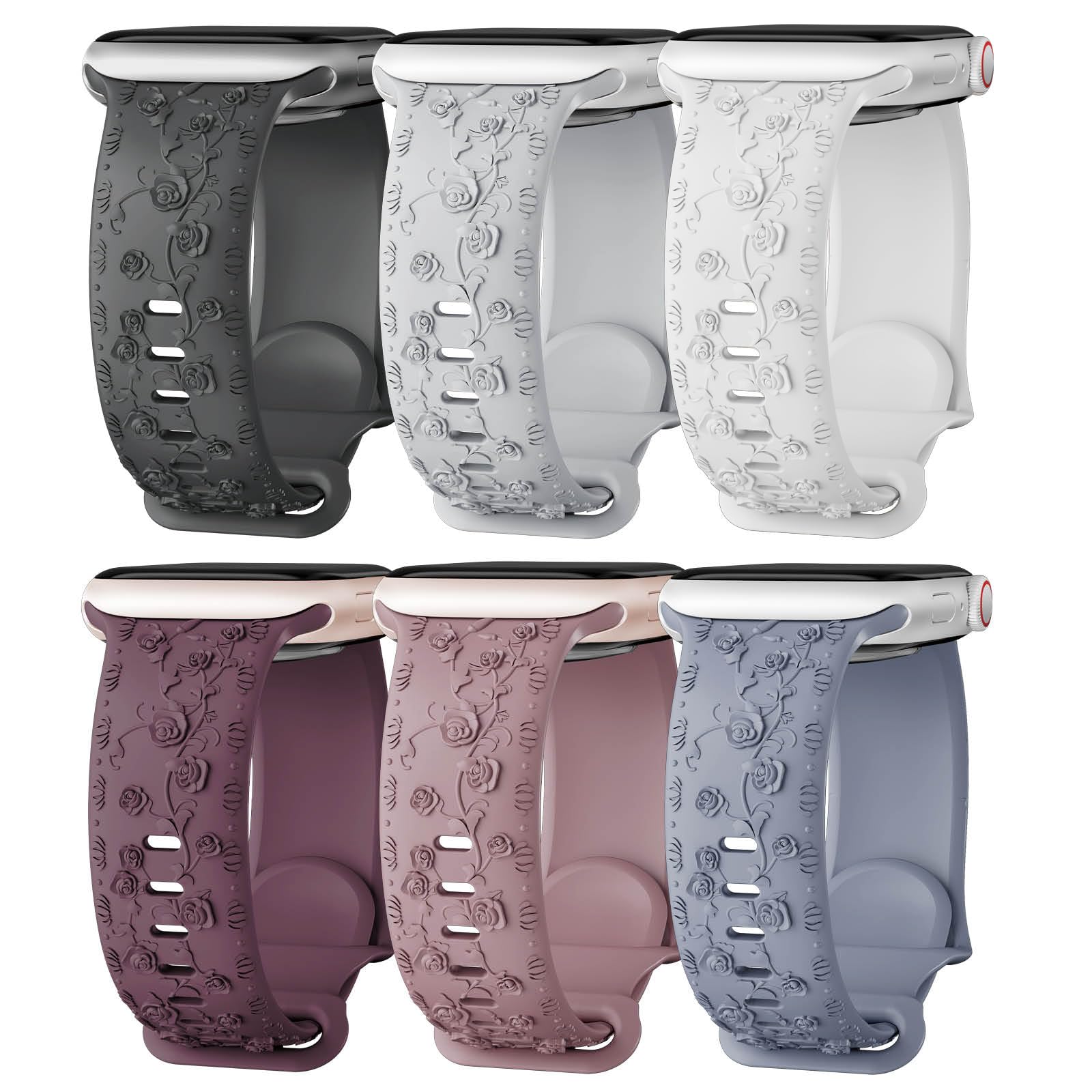 Photo 1 of *** 2 PACK / BLACK & WHITE *** 6 Pack Floral Engraved Band for Apple Watch Bands for Women 40mm 44mm 38mm 42mm 46mm 41mm 45mm 49mm,Soft Silicone Sport Strap Wristbands for iWatch Series 11 10 9 8 7 6 5 4 3/SE 2nd/Ultra 2/3