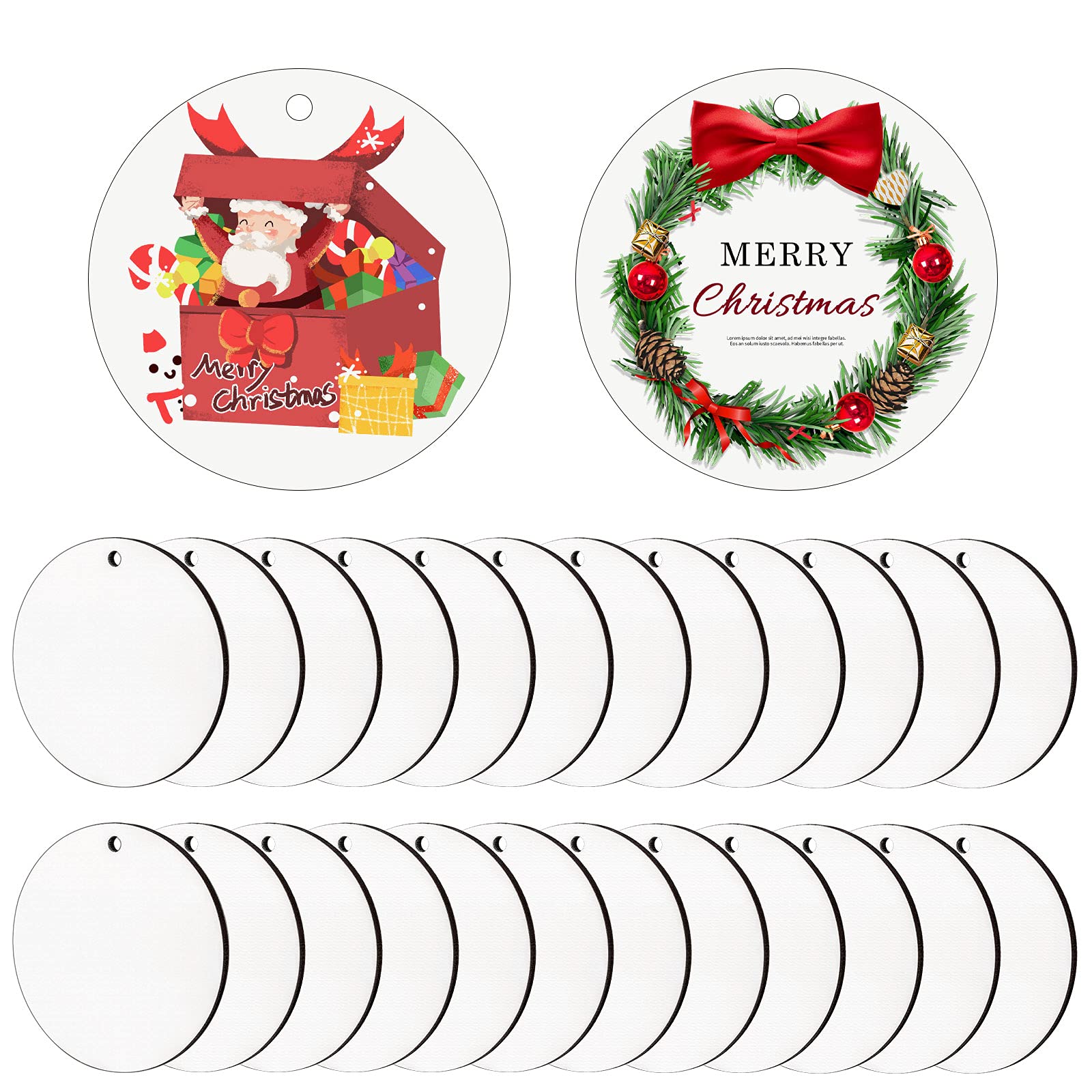 SAVITA 16Pcs Sublimation Blank Pendants, MDF Personalized Sublimation Pendant Round Blank Discs Halloween Christmas Ornaments DIY Decoration Supplies