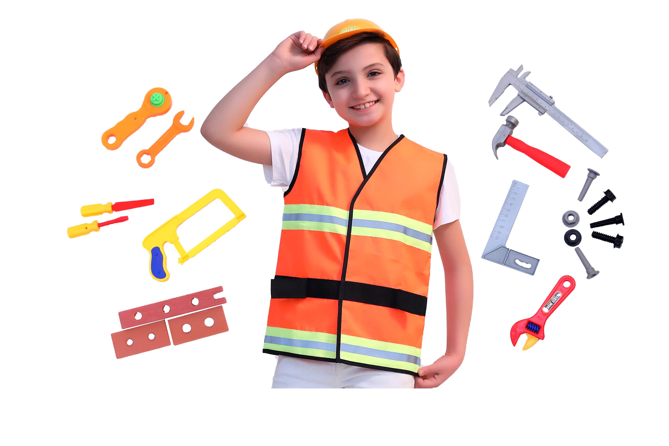 Matissa & Dad Builder Costume Kids Hard Hat Toy Tool construction worker costume for kids Dress Up Helmet Safety Hat Vest Toddler Boy Halloween Children (Small (3-5 Years))