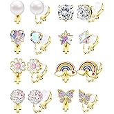 8 Pairs Gold Clip on Earrings for Women Non Pierced Hypoallergenic Cute Butterfly Flower Pearl Pink CZ Clip on Stud Earrings Colorful Clip-on Earring Fake Earring