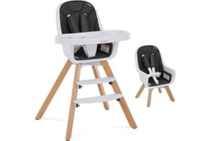 EVOLUR évolur Zoodle 3-in-1 High Chair in Black | Convertible Wooden Baby Feeding Chair with Dishwasher Safe Removable Tray, Adjustable Footrest, Padded Cushion, 5-Point Harness for Infants & Toddlers