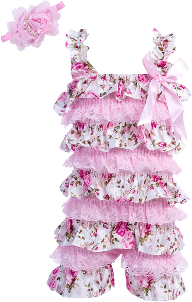 Baby Girls Bowknot Lace Folds Romper and Headband Infant Clothes