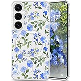 EYZUTAK Magnetic for Samsung Galaxy S25 Case Flower Case Compatible with MagSafe, Pretty Floral Stylish Aesthetic Phone Cover Slim Clear Anti-Yellowing Protective Cover for Girls Women - Blue