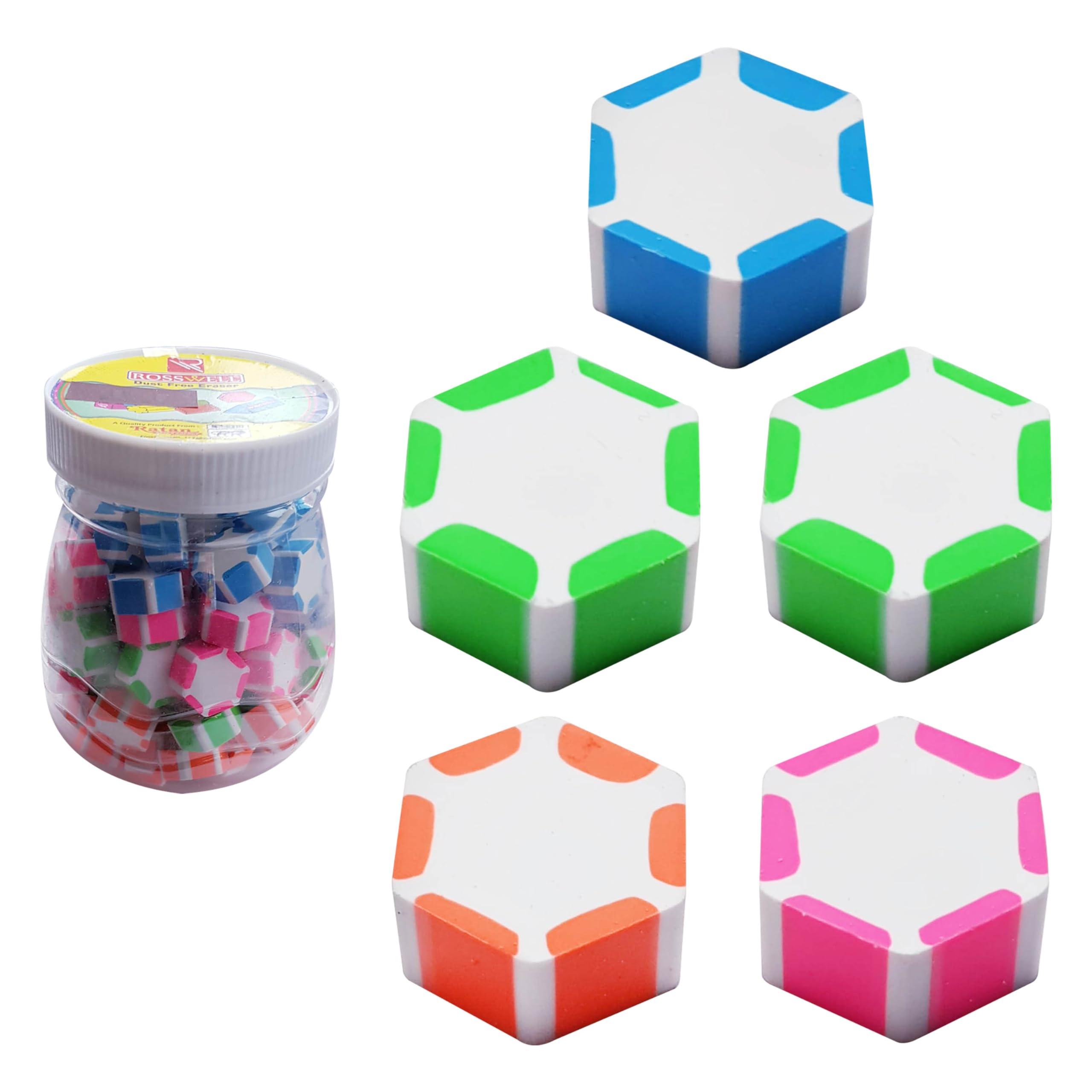 Hexa Novelty Coloured Erasers, Medium, Pack of 100, Multicolour, Multipack, Pencil Rubber Erasers, Ideal for School Home Office Classroom Nursery Use