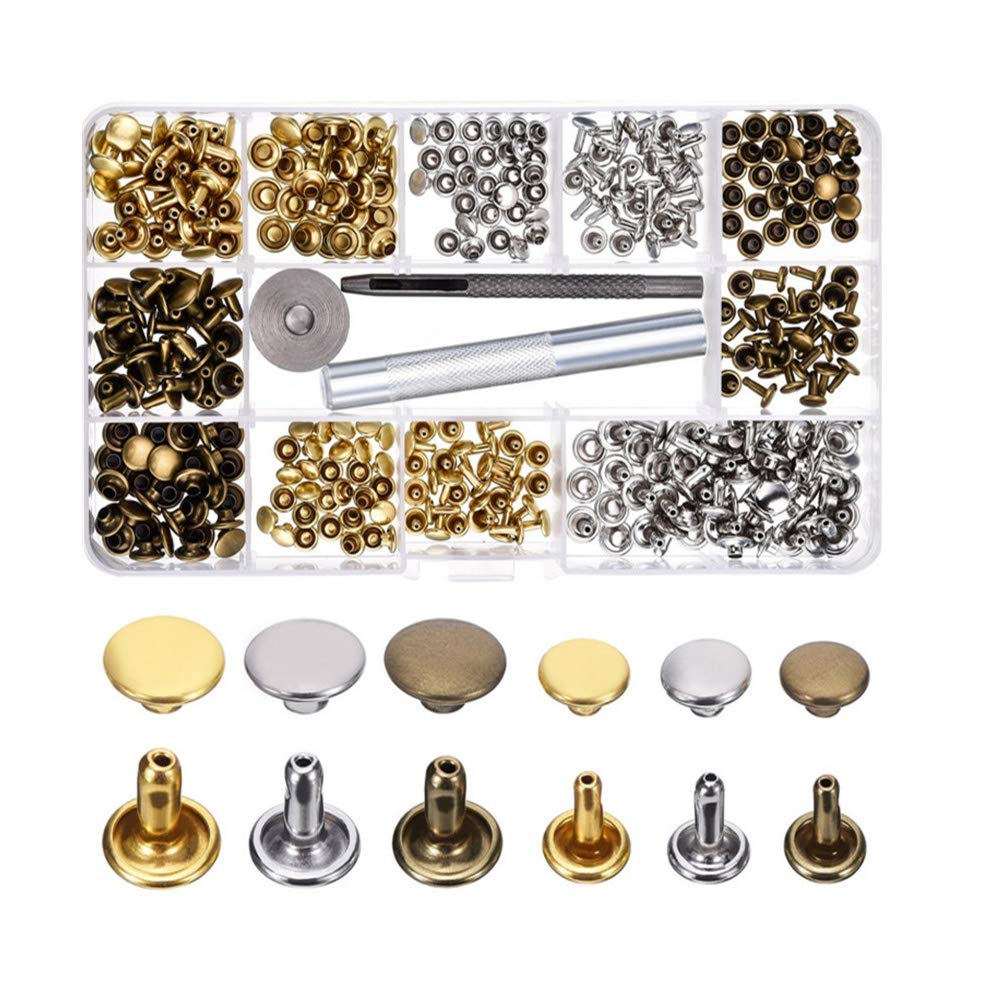 Shiwaki 180 Pcs Leather Rivets Double Cap Rivet Tubular Metal Studs With Three Tools for Leather Craft Repairs Decoration