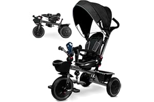KRIDDO 7-in-1 Tricycle Stroller for Toddlers 18 Months to 5 Years, Adjustable Push Handle, Rotatable Seat, Safety Harness & Removable Canopy, Cup Holder, Storage, Toddler Trike/Bike for Baby, GY