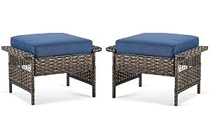 Bellefurn Patio Ottomans 2 Piece Outdoor Wicker Ottomans PE Rattan Footrest with Thickened Cushions Footstools for Garden Sunroom Deck Porch Balcony Poolside, Ottomans(2PCS), Brown|Blue
