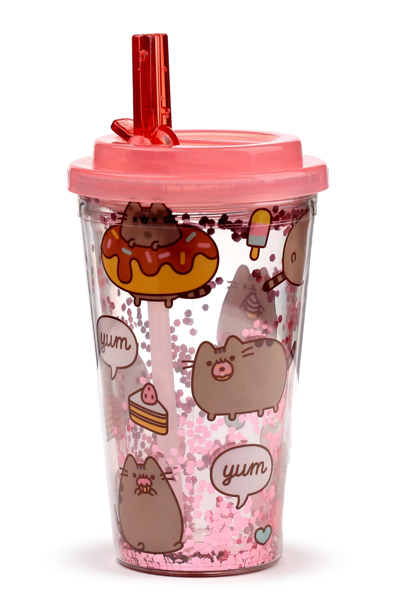 Puckator Shatterproof Pusheen Foodie Double Walled Cup & Straw - Insulated Tumbler - Cups with Lids and Straws for Adults Children - Travel Thermal Cup with Straw - Water Bottles with Staw