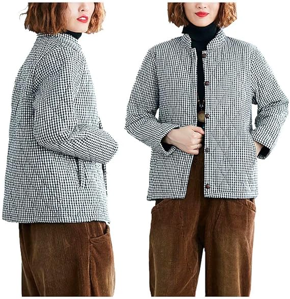 Amazon Tasahaya 綿麻コート レディース 中綿コート 中綿ジャケット 中綿入り チエック柄 防寒コート ショート丈 立ち襟 民族風 厚手 ゆったり アウター L チエック柄 コート ジャケット 通販