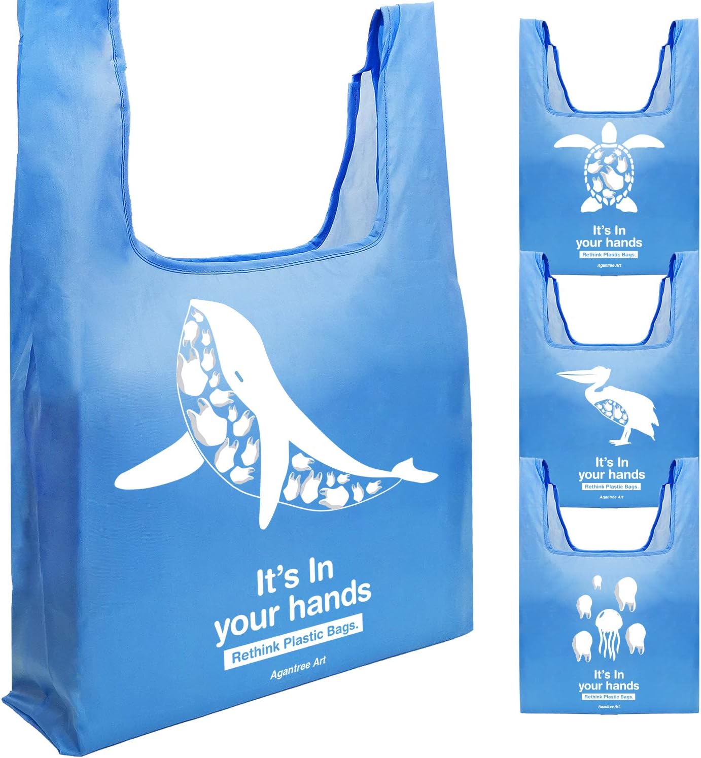 Ocean Theme Reusable Grocery Bags Made of Recycled Fiber Set of 4 -Attracting More People to Join The Action of Environmental Protection