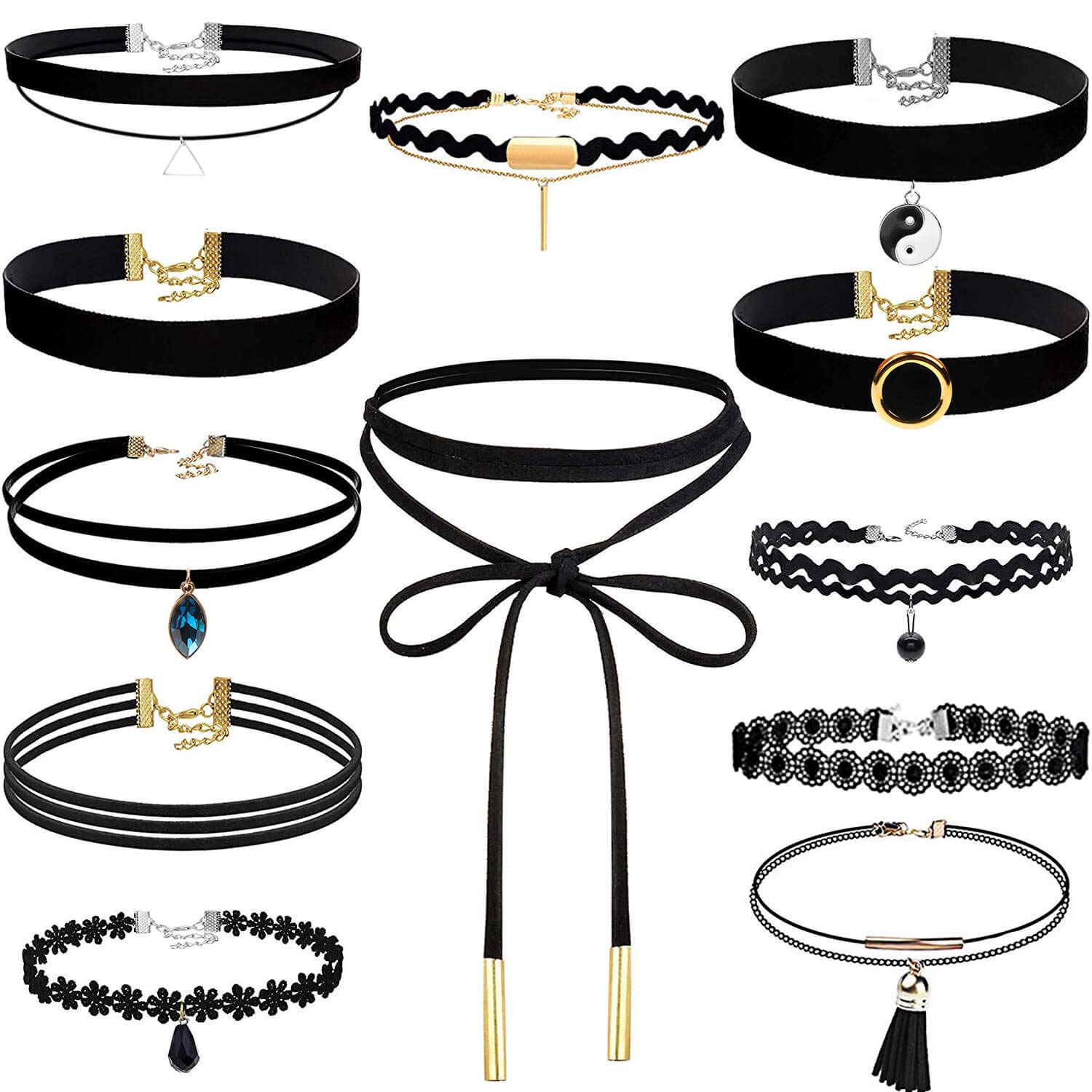 shynek Choker Necklace for Women, 12 Pcs Black Choker Necklace Set Black Lace Tattoo Velvet Chokers for Women and Teen Girls, Leather Metal