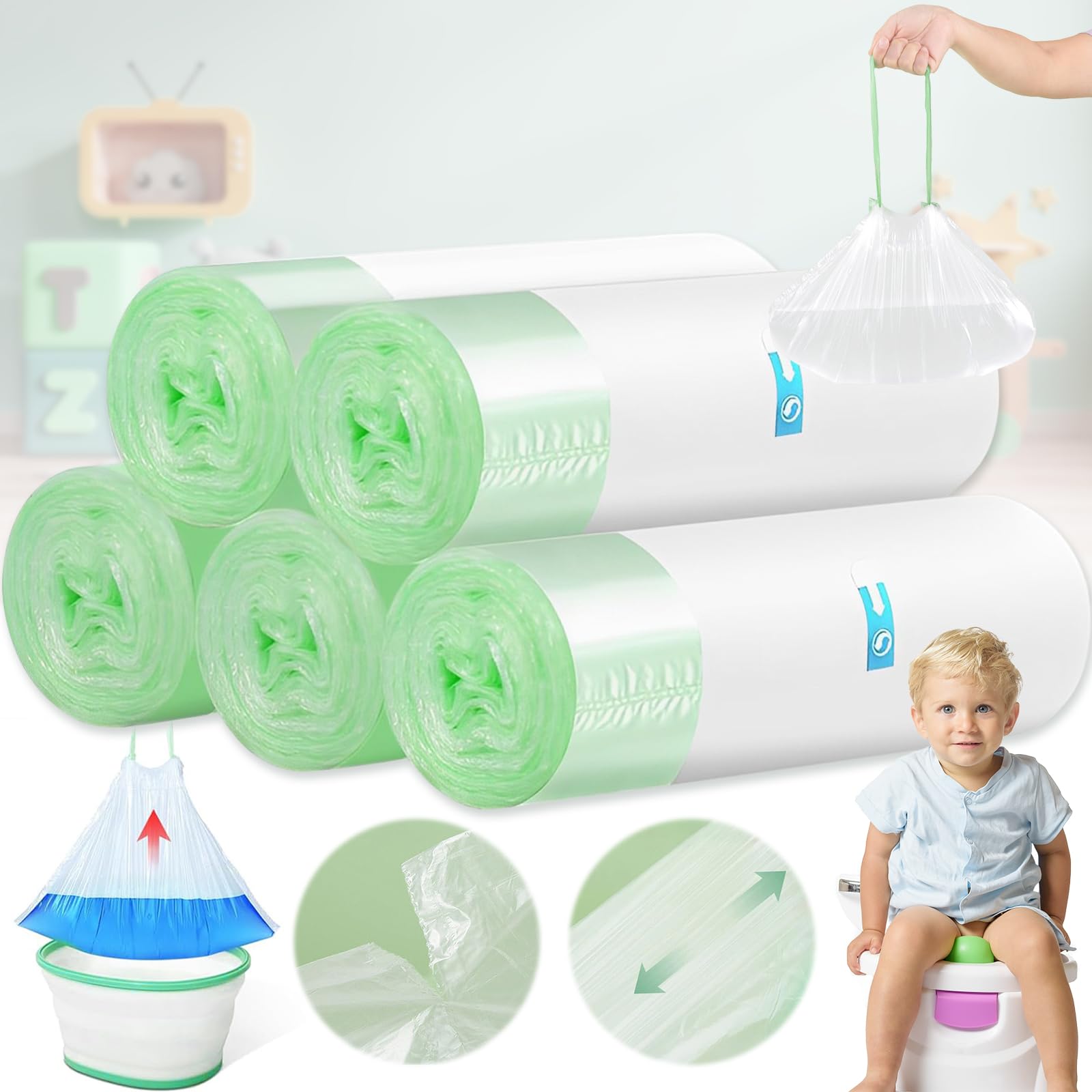 5 Rolls 100 Pcs Travel Potty Liners, Liner with Drawstring Disposable, Universal Potty Seat Bag, Perfect for Toddlers Potty Training, and Great for Kids and Adults(White)