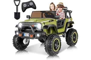 Hikole 2 Seater Ride on Car with Remote Control, 24V Battery Powered Electric Car for Kids, 4x100W Powerful Engine, Spring Suspension, LED Headlights, Music Player, Green