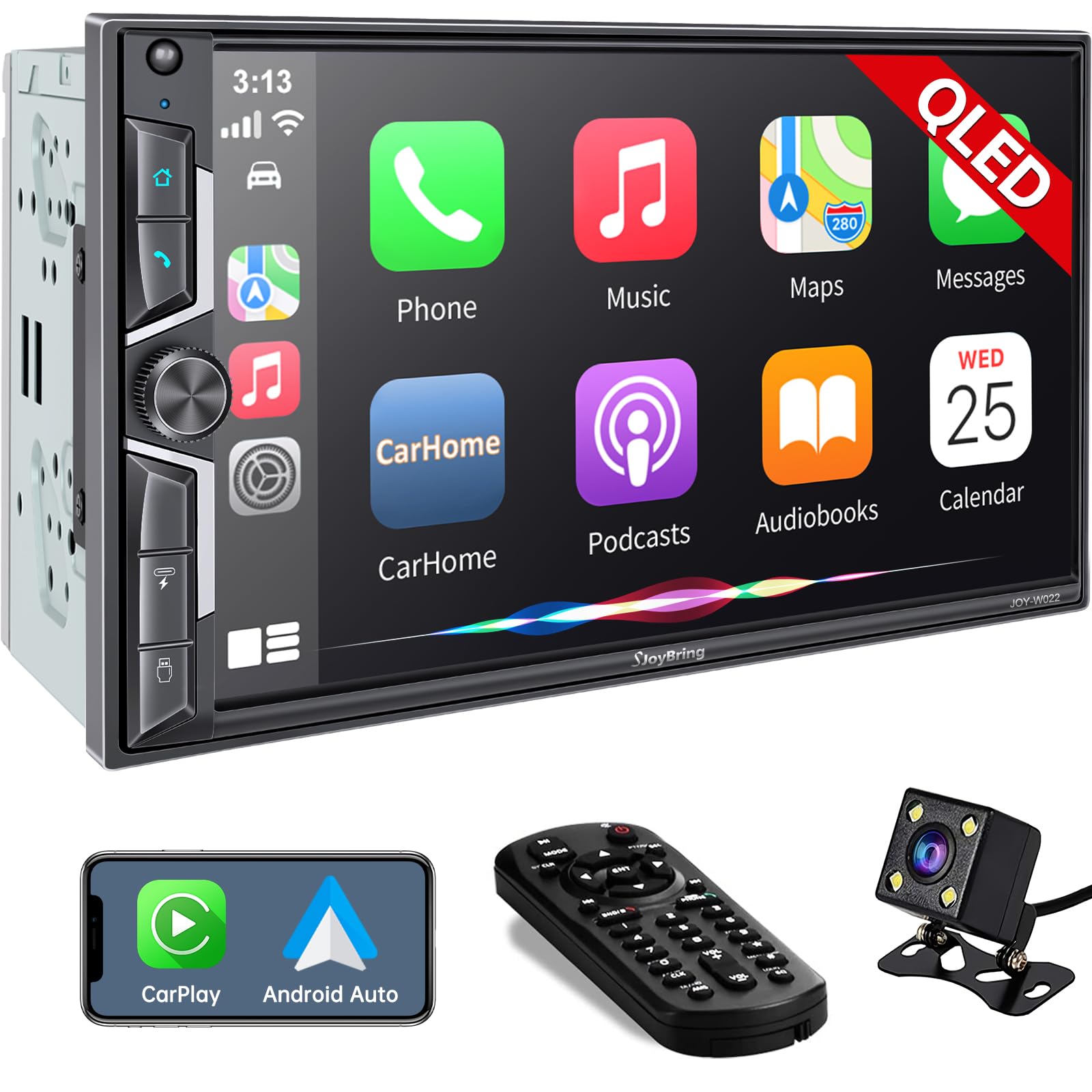 Photo 1 of SJoyBring Wireless Double Din Car Stereo with Carplay, Android Auto, QLED Touchscreen, Bluetooth, 4-Channel RCA, 60W*4 High Power, Subwoofer, 7" Car Radio Receiver, Backup Camera