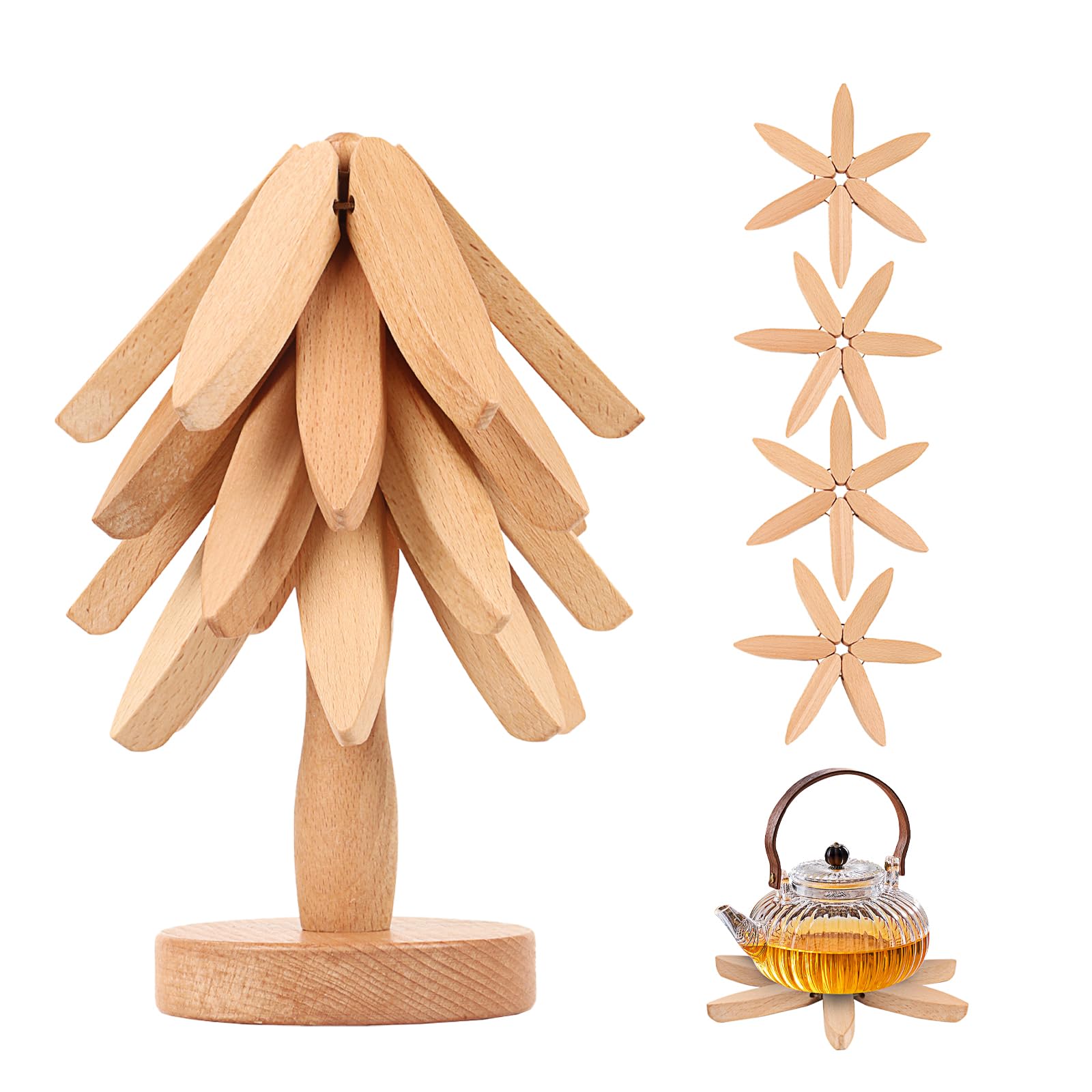 Wooden Trivets for Hot Dishes, Tree Shape Trivet Set 5 Wooden Trivets 1 Stand Stored Like a Tree Christmas Wood tree Shaped Table Mat Foldable Heat Resistant Pads for Hot Pots Bowl Teapot (Beech Wood)