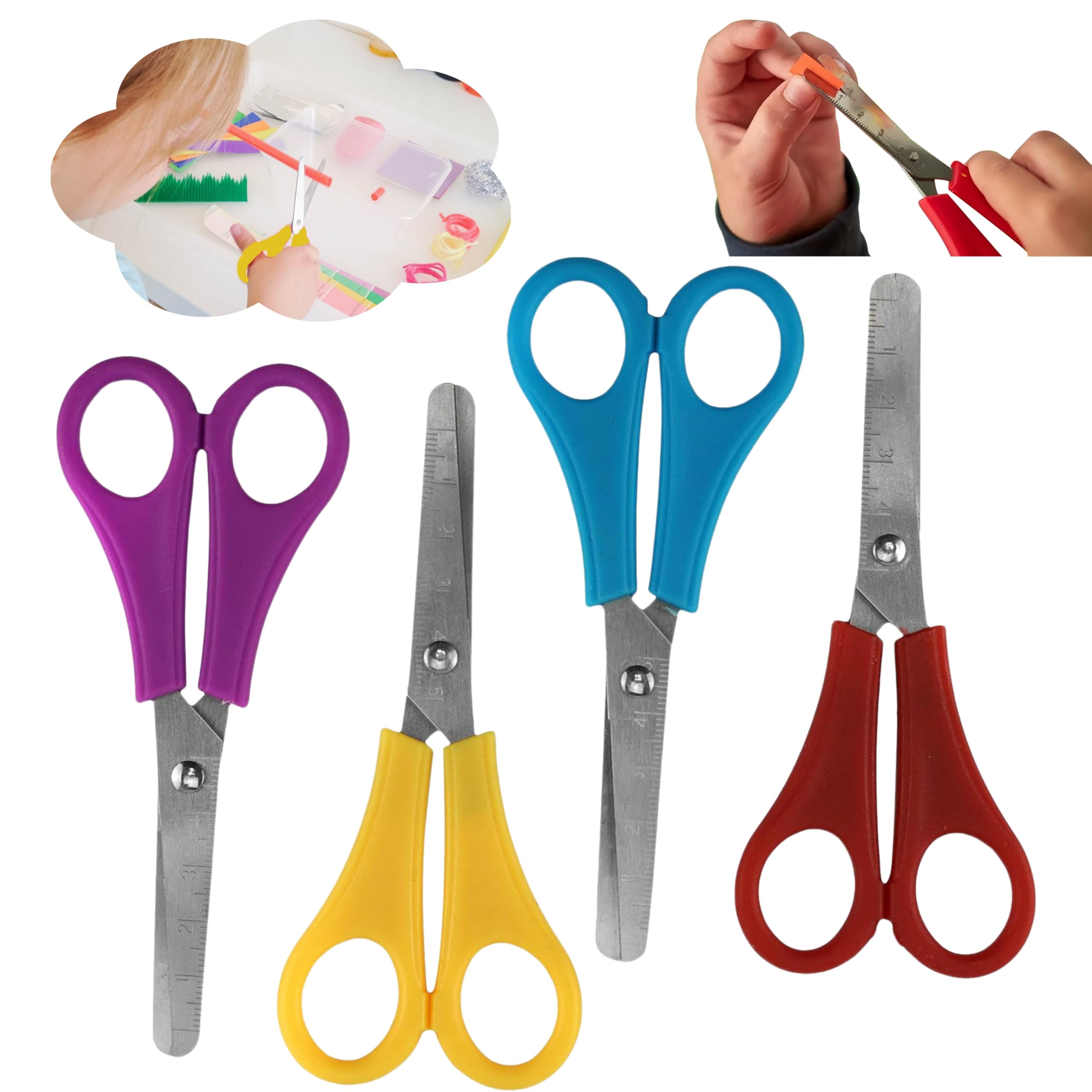 4PCS Kids Safety Scissors Set, 13cm Craft Scissors with 5cm Ruler Blade & Plastic Handles (Red, Blue, Yellow, Purple), Safe Rounded Tip for Home, School, DIY & Art Projects