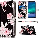JanCalm for iPhone 12 Wallet Case/for iPhone 12 Pro Wallet Case, Floral Pattern PU Leather [Wrist Strap][Card/Cash Slots] Stand Feature Flip Cover (Black Flower)