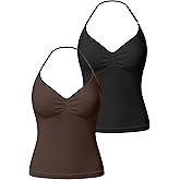 OQQ Women’s Longline Strappy Sports Bra Workout Top with Built-in Bra Soft Stretch Gym Top 2 Pack