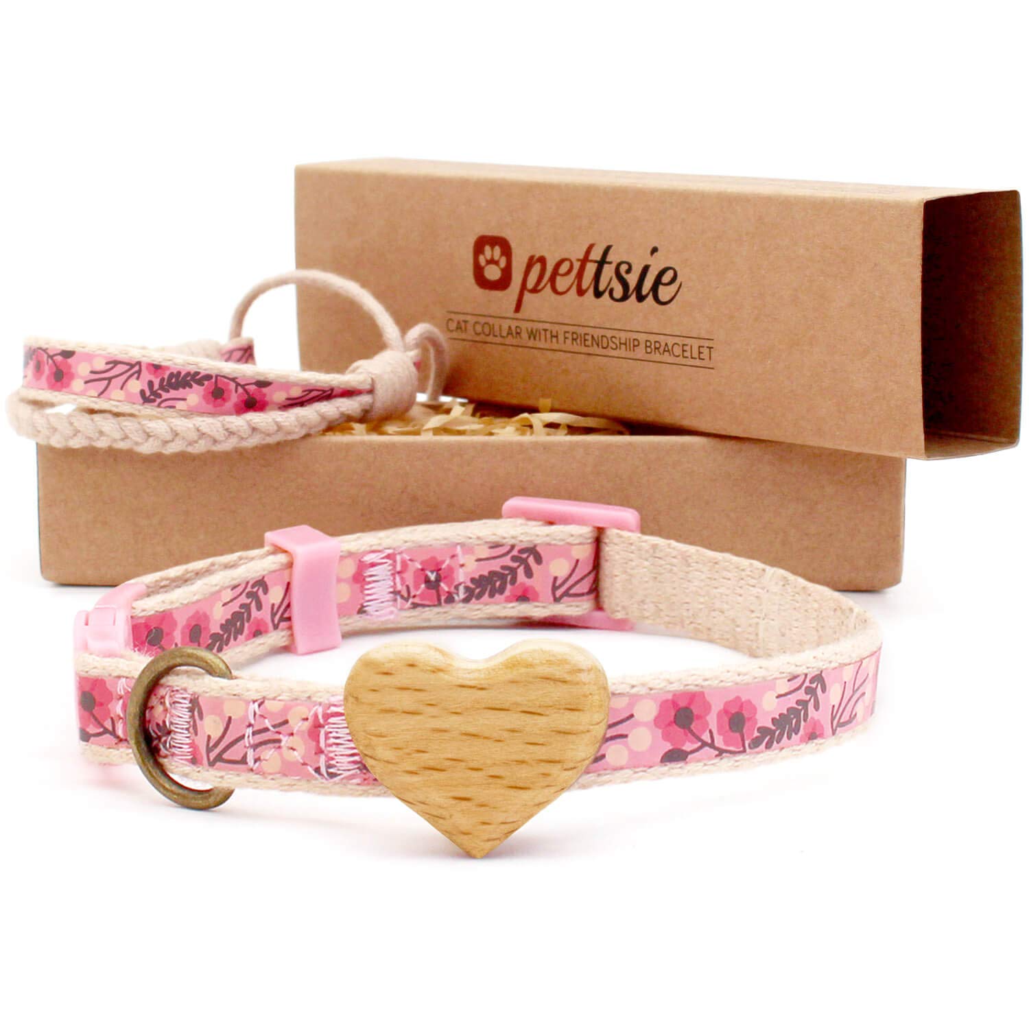 Pettsie Breakaway Cat Collar with Heart & Matching Bracelet, Soft Cotton, Adjustable for Kittens & Cats, Safety Buckle, Pink