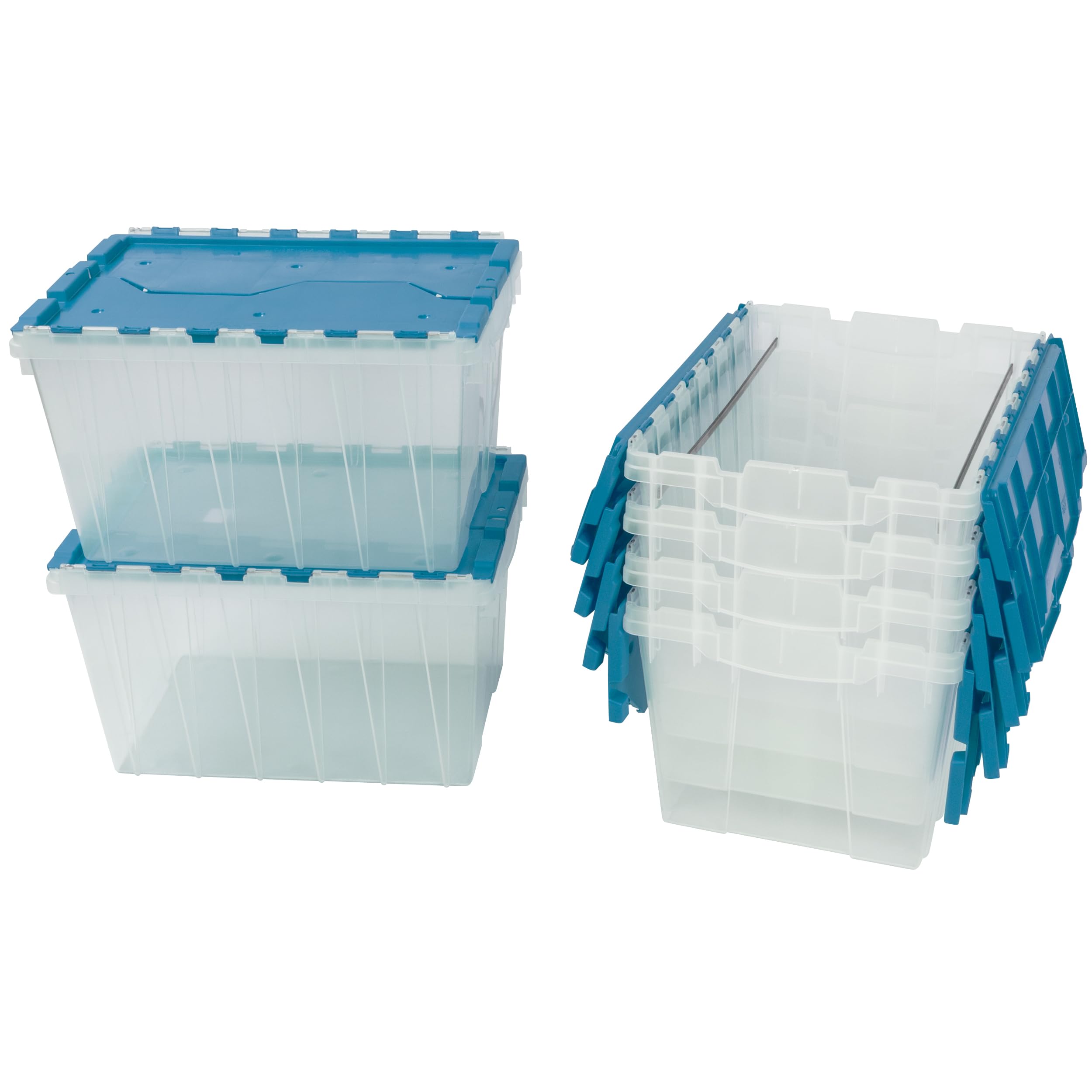 Photo 1 of Akro-Mils KeepBox 12 Gallon Storage Container, Nesting and Stackable Plastic Storage Box with Lid Attached and Rails for Letter Size Hanging File Folders, 21" x 15" x 12", Clear/Blue, 6-Pack