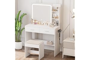 Hogxp Makeup Vanity with Lighted Mirror & Electrical Outlet - 2 Shelves, 2 Drawers, Bottom Storage - Comes with Upholstered Stool （White）