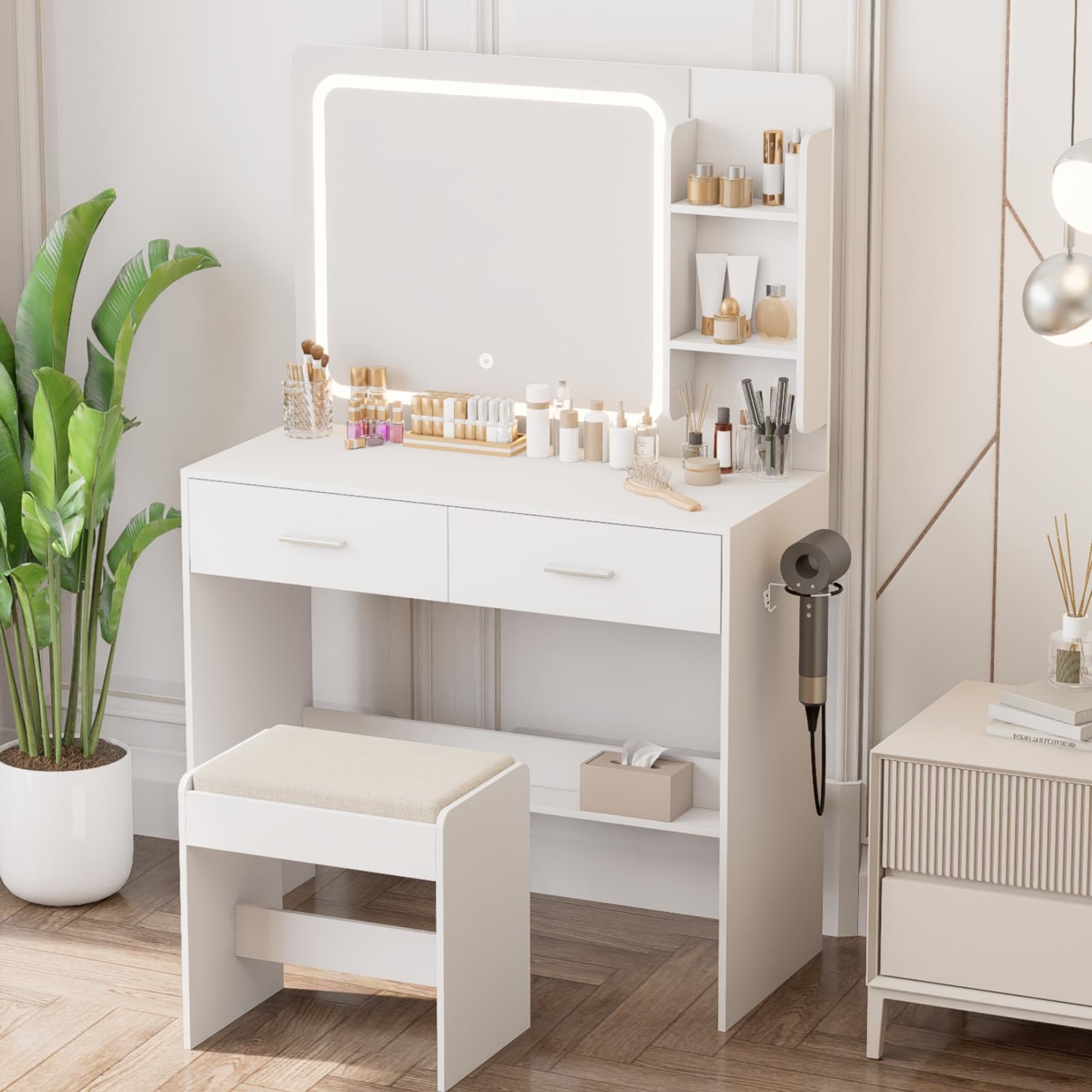 Photo 1 of ***POSSIBLY FOR PARTS / UNKNOWN MISSING PIECES OR DAMAGES*** CHogxp Makeup Vanity with Lighted Mirror & Electrical Outlet - 2 Shelves, 2 Drawers, Bottom Storage - Comes with Upholstered Stool ?White?