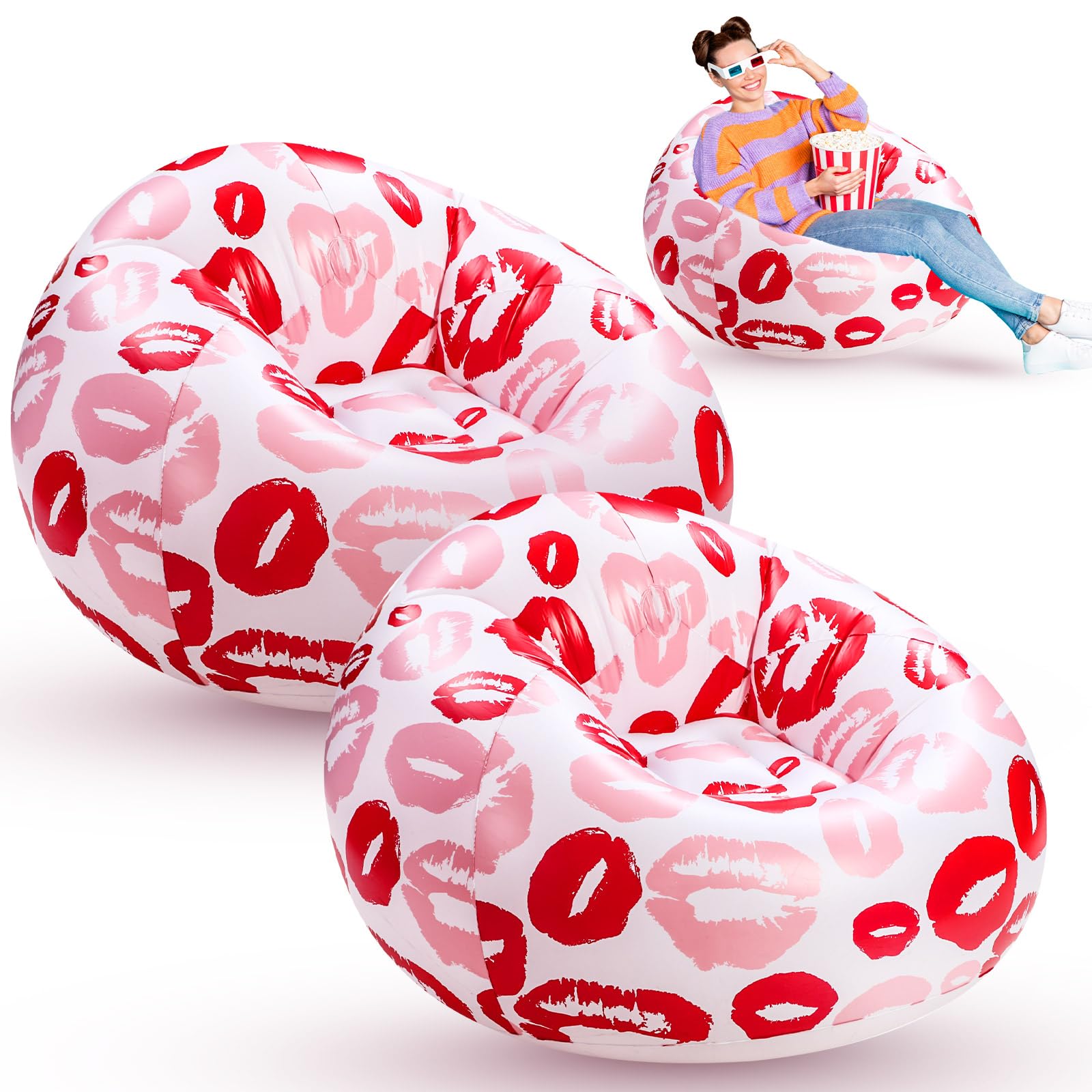 Photo 1 of 2 Pcs Valentines Day Inflatable Chairs Red Lip Blow up Bean Bag Couch Galentines Portable Lazy Sofa Seat Game Couch for Valentine Movie Night Pool Camping Balcony Living Bedroom Reading Room(Red Lip)