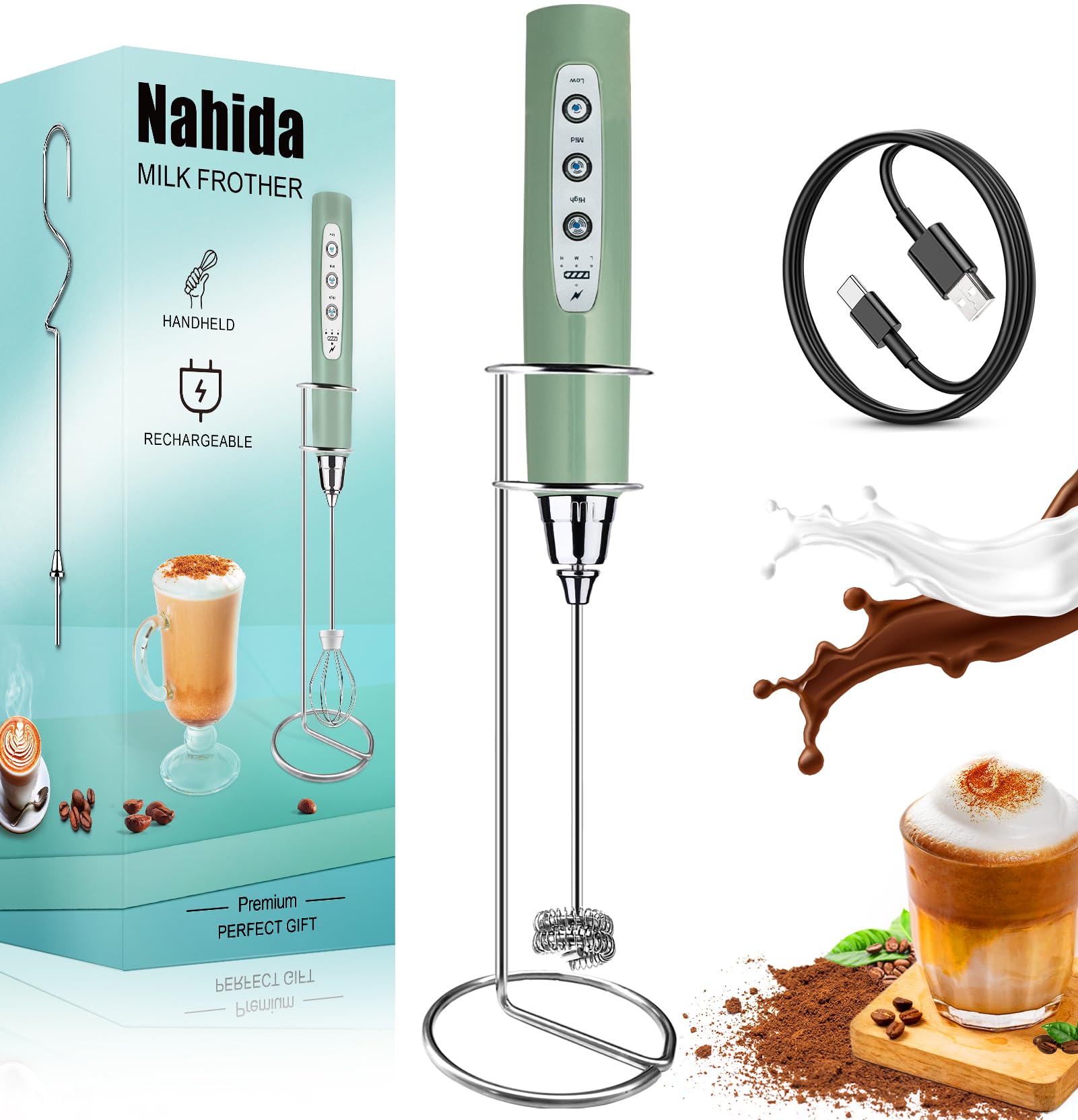 Photo 1 of Nahida Rechargeable Milk Frother Wand for Coffee Include Stand - Granite