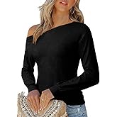 EVALESS Womens Off The Shoulder Tops Casual Long Sleeve Asymmetrical Boat Neck Going Out Tops T Shirts Fashion Clothing