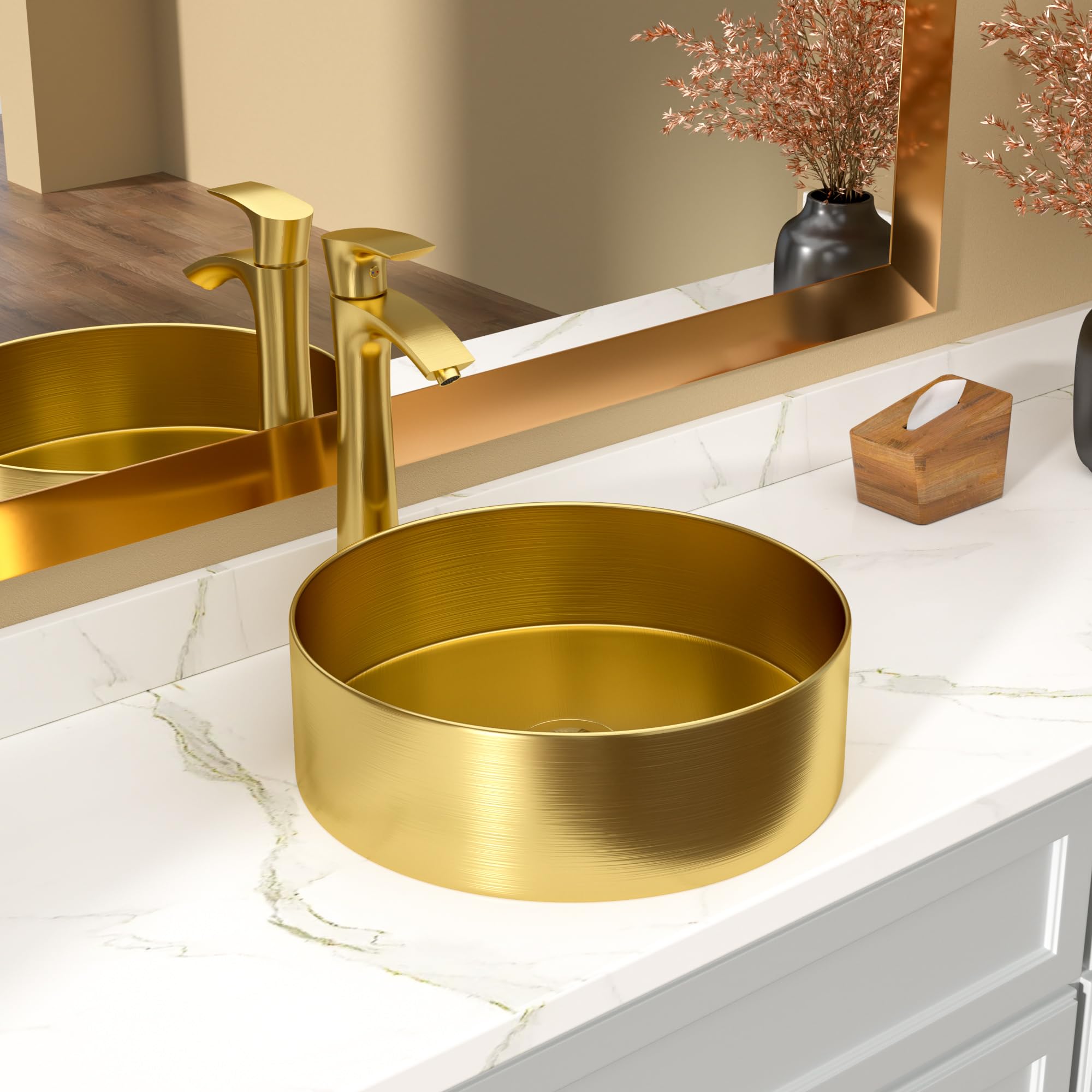 Photo 1 of Lordear Stainless Steel Round Vessel Sink 15" x 15" Gold Bathroom Vanity Sink Round Above Couter Art Basin