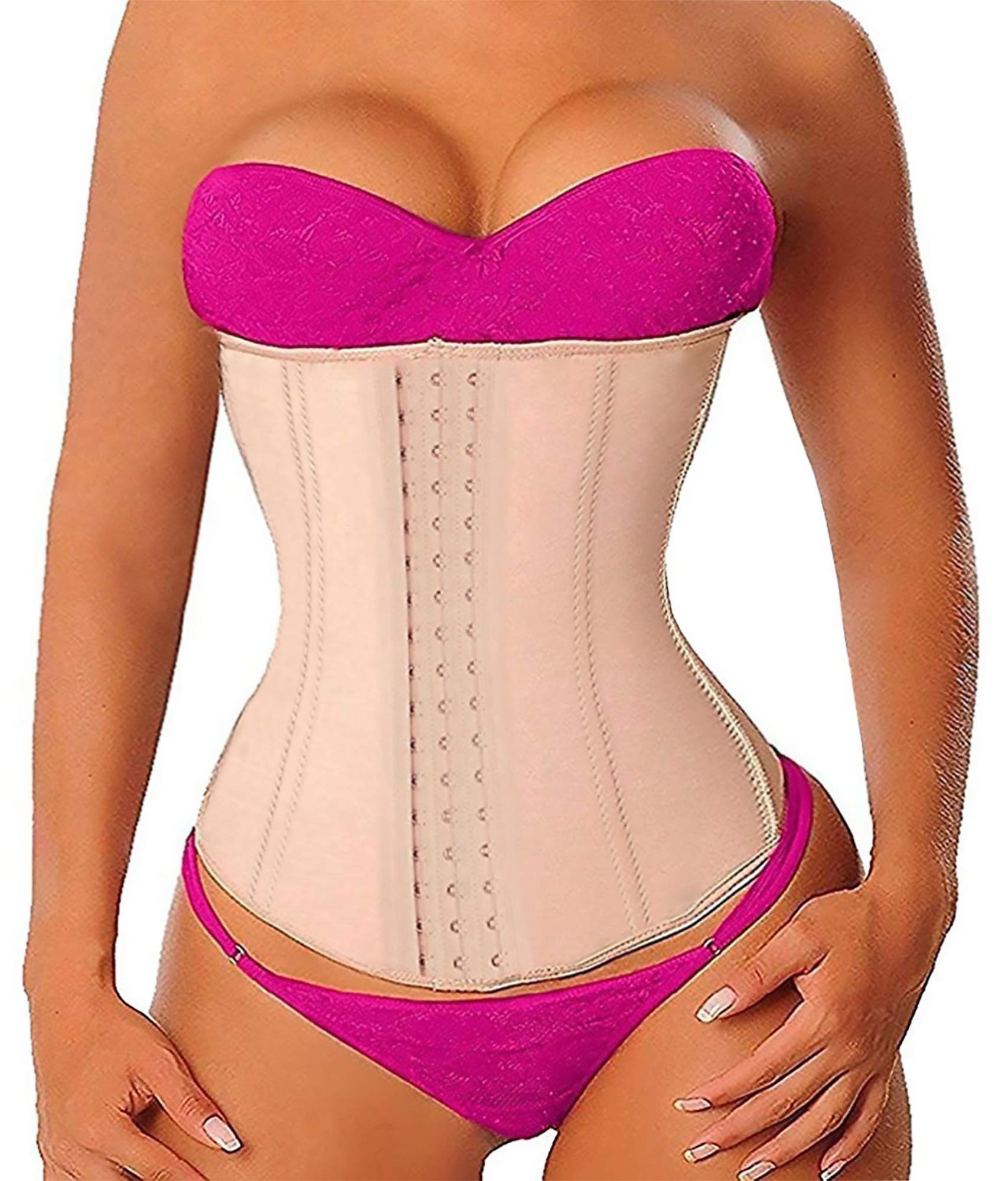 YIANNA Women\'s Latex Sports Waist Trainer Long Torso Waist Cincher 3 Hook Rows, Size L (Beige)