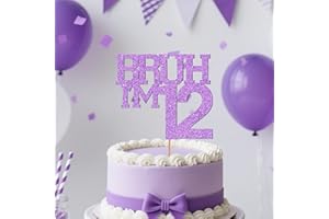 SACGUGUBER Purple Glitter Bruh I'm 12 Birthday Cake Topper, Funny Happy Birthday Decorations for Boys Girls 12th Birthday Party Cake Decorations Supplies