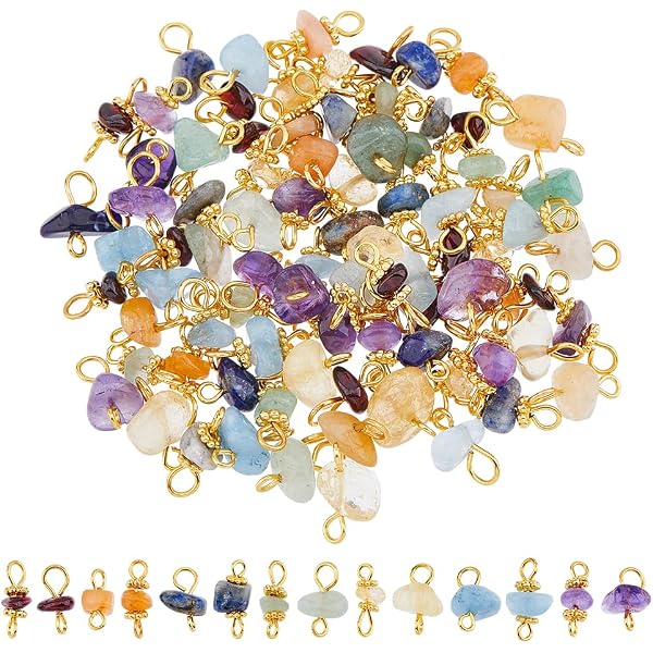 SUPERFINDINGS - Lot De 40 Pendentifs Pierres Naturelles Chakra 10 Styles Avec Breloques Plumes - Pierres Précieuses Pour Porte-Clés Et Bijoux DIY