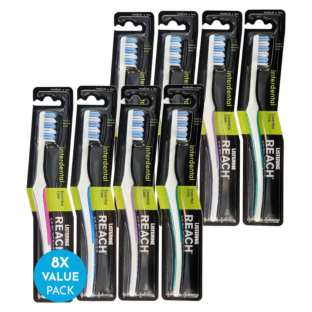 REACH Essential Care Interdental Medium Toothbrush, Single Pack x 8, Full Head Hard Bristle Manual Toothbrushes, Variety Colors Multipack, Daily Oral Enamel Dental Care