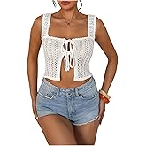 SOLY HUX Women's Summer Hollow Out Crochet Knit Sweater Vest Bow Tie Front Square Neck Sleeveless Crop Tank Tops